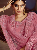 Myra Pink Soft Net Heavy Embroidered Lehenga | Grocsy