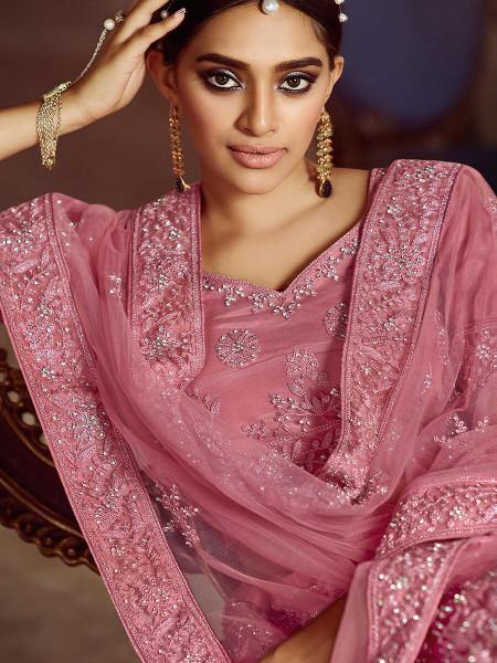Myra Pink Soft Net Heavy Embroidered Lehenga | Grocsy