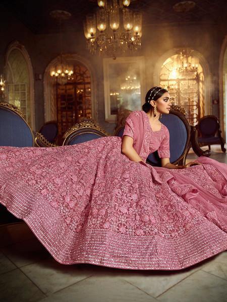 Myra Pink Soft Net Heavy Embroidered Lehenga | Grocsy