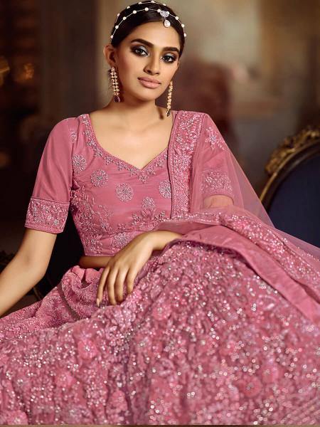 Myra Pink Soft Net Heavy Embroidered Lehenga | Grocsy