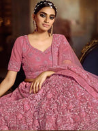 Myra Pink Soft Net Heavy Embroidered Lehenga | Grocsy