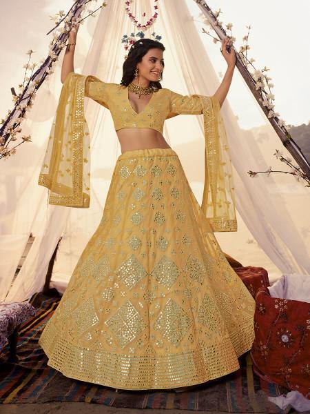 Myra Musturd Yellow Embroidered Organza Lehenga | Grocsy