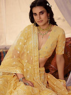 Myra Musturd Yellow Embroidered Organza Lehenga | Grocsy