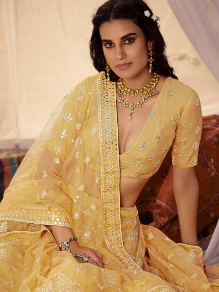 Myra Musturd Yellow Embroidered Organza Lehenga | Grocsy