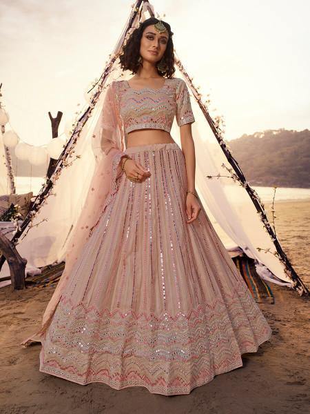 Myra Peach Embroidered Organza Leheng | Grocsy