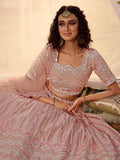Myra Peach Embroidered Organza Leheng | Grocsy