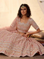 Myra Peach Embroidered Organza Leheng | Grocsy