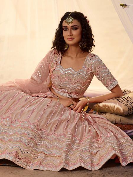 Myra Peach Embroidered Organza Leheng | Grocsy