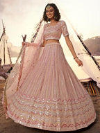 Myra Peach Embroidered Organza Leheng | Grocsy