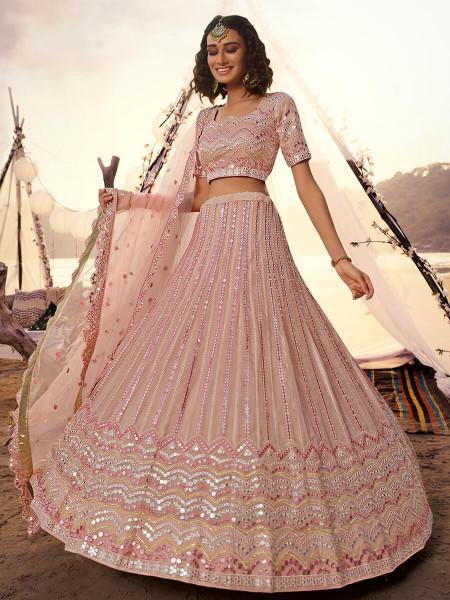 Myra Peach Embroidered Organza Leheng | Grocsy