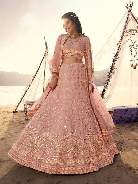 Myra Peach Embroidered Organza Lehenga | Grocsy