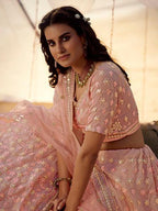 Myra Peach Embroidered Organza Lehenga | Grocsy