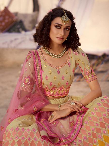 Myra Beige Embroidered Organza Lehenga | Grocsy