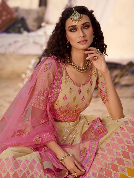Myra Beige Embroidered Organza Lehenga | Grocsy