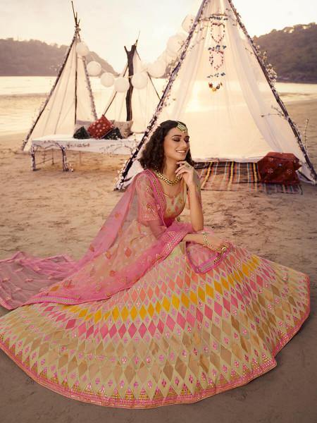 Myra Beige Embroidered Organza Lehenga | Grocsy