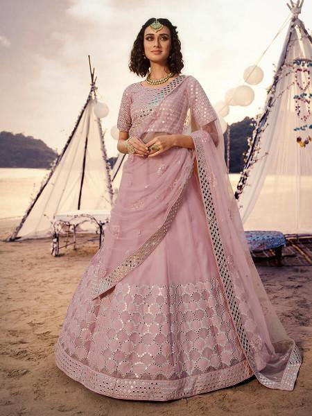 Myra Baby Pink Embroidered Organza Lehenga | Grocsy