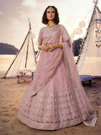 Myra Baby Pink Embroidered Organza Lehenga | Grocsy
