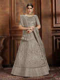 Myra Grey Soft Net Heavy Embroidered Lehenga | Grocsy