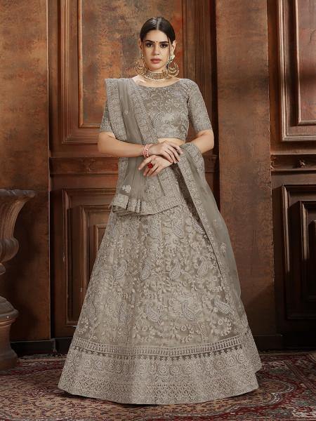 Myra Grey Soft Net Heavy Embroidered Lehenga | Grocsy