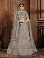 Myra Grey Soft Net Heavy Embroidered Lehenga | Grocsy