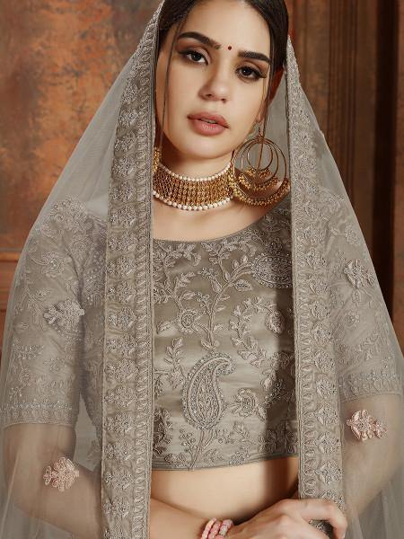 Myra Grey Soft Net Heavy Embroidered Lehenga | Grocsy