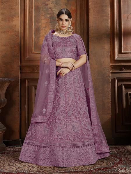 Myra Purple Soft Net Heavy Embroidered Lehenga | Grocsy