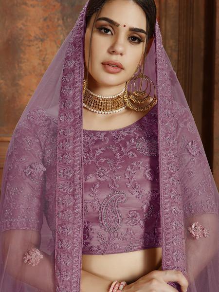 Myra Purple Soft Net Heavy Embroidered Lehenga | Grocsy