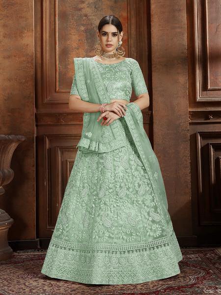 Myra Pista Green Soft Net Heavy Embroidered Lehenga | Grocsy