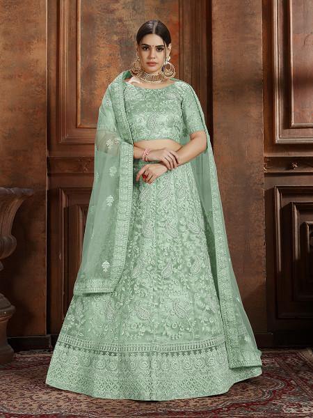Myra Pista Green Soft Net Heavy Embroidered Lehenga | Grocsy