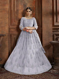Myra Grey Soft Net Heavy Embroidered Lehenga | Grocsy