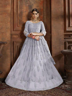 Myra Grey Soft Net Heavy Embroidered Lehenga | Grocsy