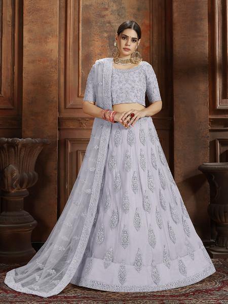 Myra Grey Soft Net Heavy Embroidered Lehenga | Grocsy