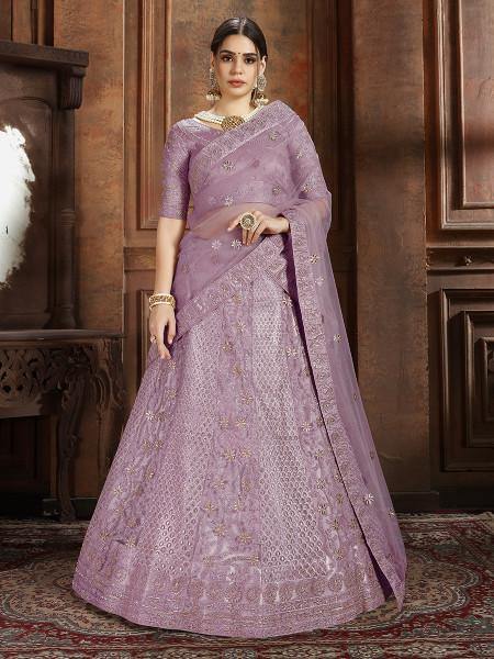 Myra Purple Soft Net Heavy Embroidered Lehenga | Grocsy