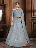 Myra Sky Blue Soft Net Heavy Embroidered Lehenga | Grocsy