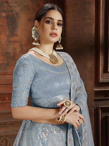 Myra Sky Blue Soft Net Heavy Embroidered Lehenga | Grocsy