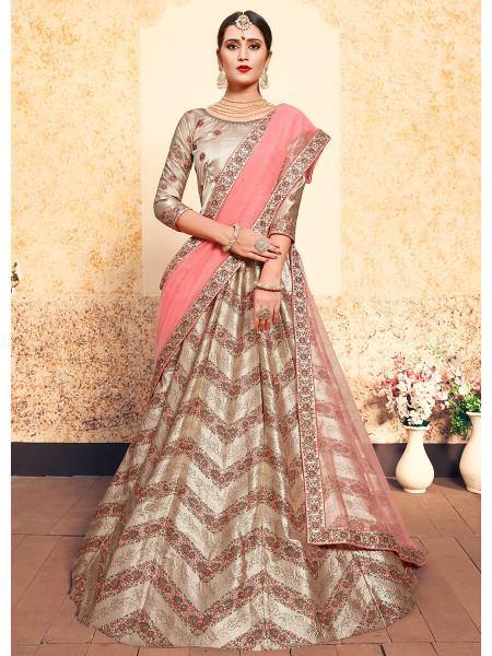 Myra Tortilla Brown Satin Embroidered Lehenga | Grocsy