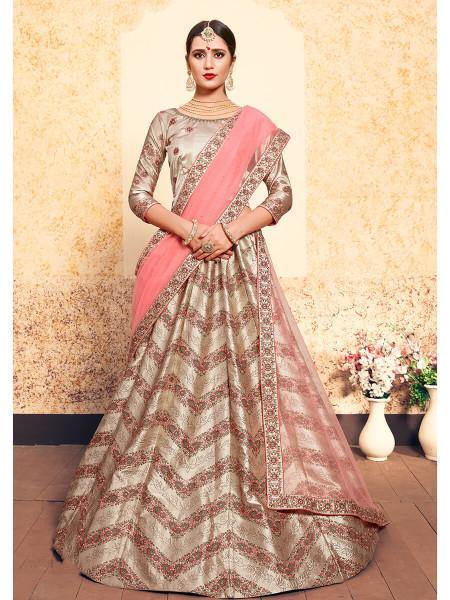 Myra Tortilla Brown Satin Embroidered Lehenga | Grocsy