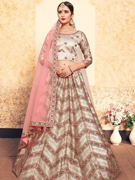 Myra Tortilla Brown Satin Embroidered Lehenga | Grocsy