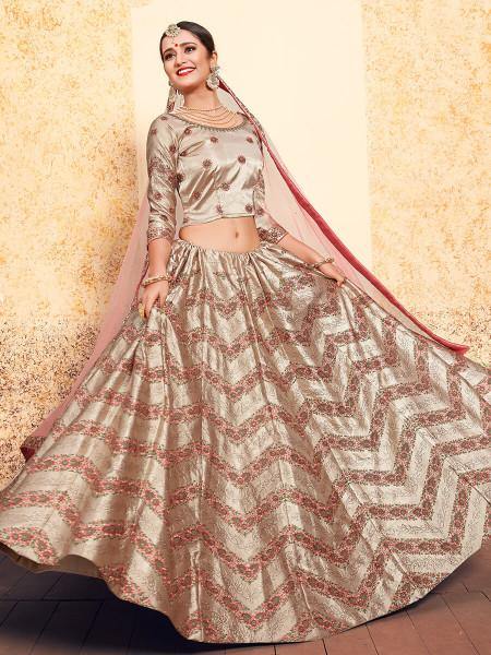 Myra Tortilla Brown Satin Embroidered Lehenga | Grocsy