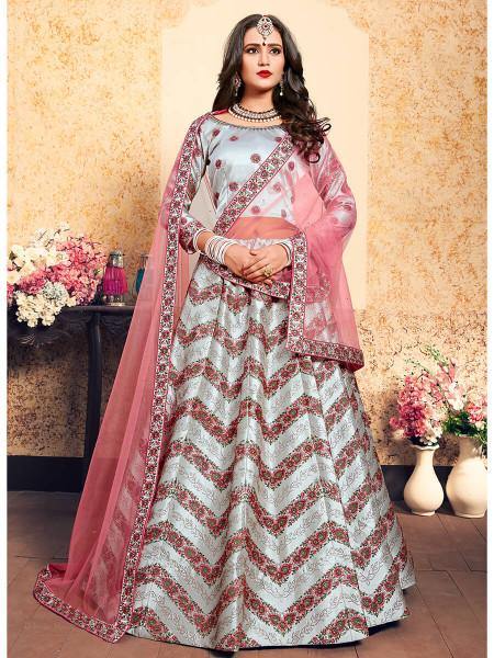 Myra Grey Satin Embroidered Lehenga | Grocsy