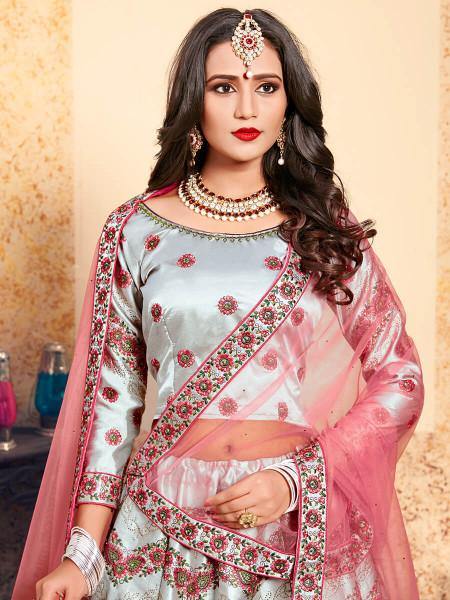 Myra Grey Satin Embroidered Lehenga | Grocsy