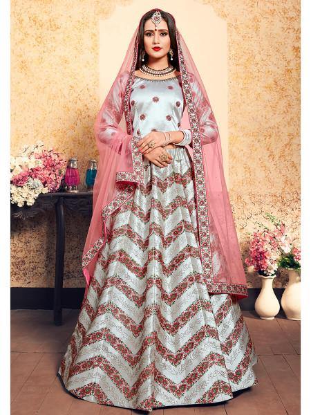 Myra Grey Satin Embroidered Lehenga | Grocsy