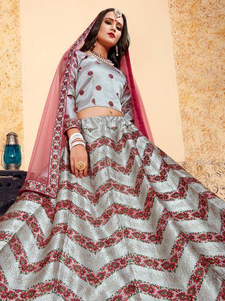 Myra Grey Satin Embroidered Lehenga | Grocsy