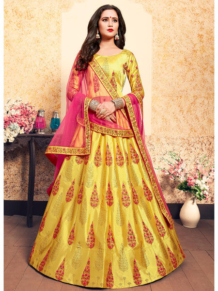 Myra Yellow Satin Embroidered Lehenga | Grocsy