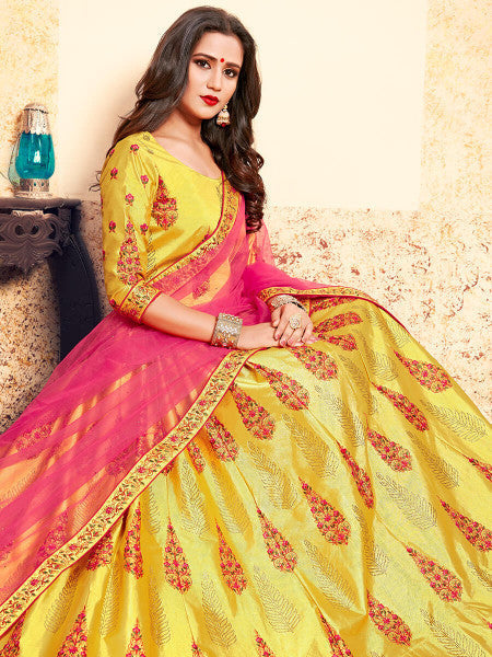 Myra Yellow Satin Embroidered Lehenga | Grocsy