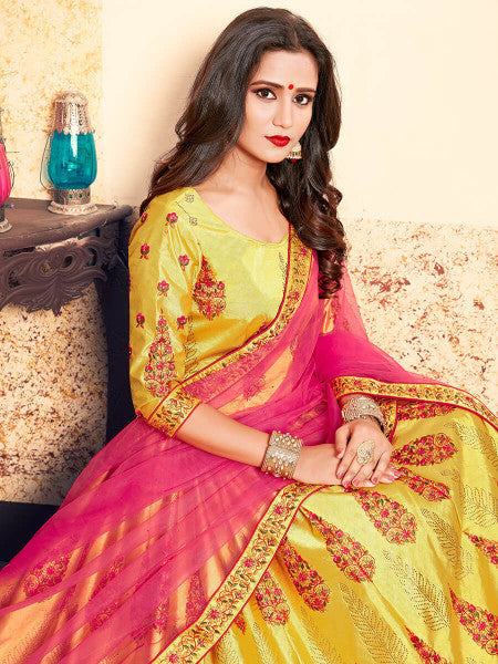 Myra Yellow Satin Embroidered Lehenga | Grocsy