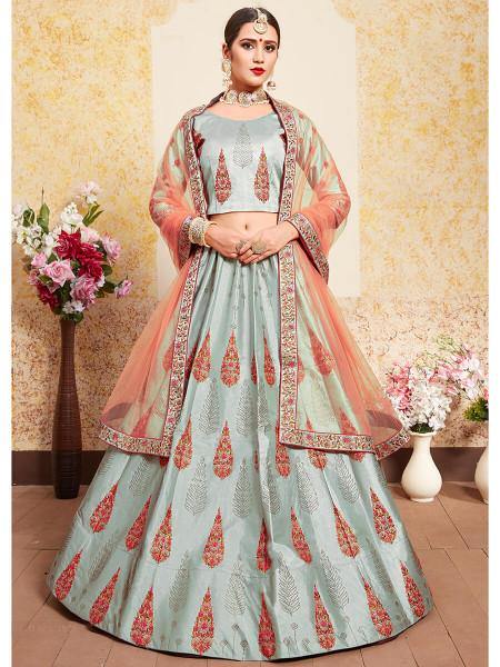 Myra Grey Satin Embroidered Lehenga | Grocsy