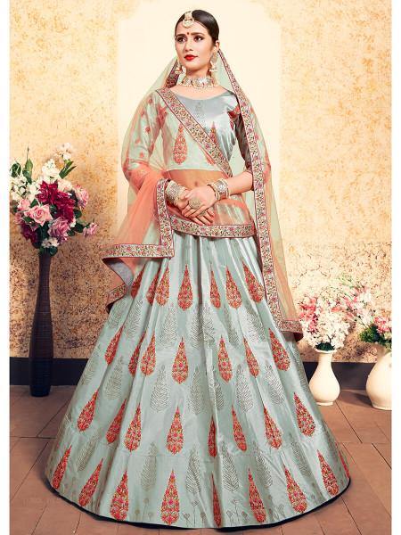 Myra Grey Satin Embroidered Lehenga | Grocsy