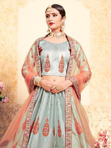 Myra Grey Satin Embroidered Lehenga | Grocsy