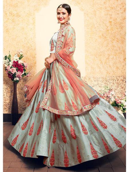 Myra Grey Satin Embroidered Lehenga | Grocsy